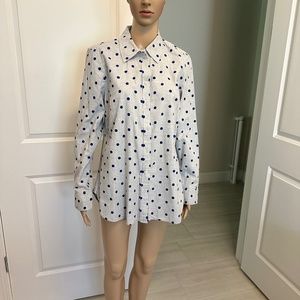 Talbots Womens Gray  with Blue Polka Dot Button Down Shirt Tab Sleeve Top